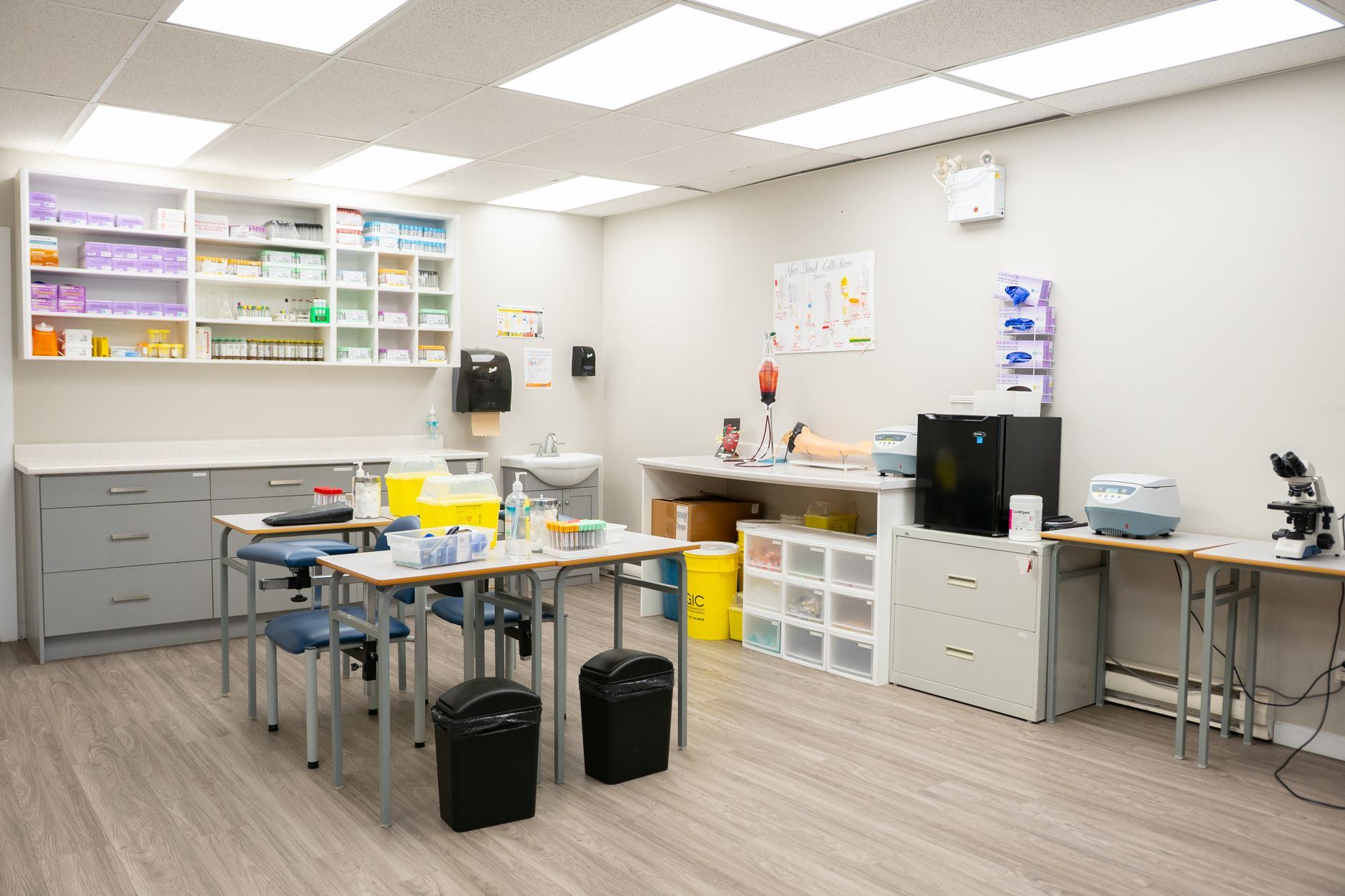 Bright and organized medical office interior featuring lab equipment and storage.